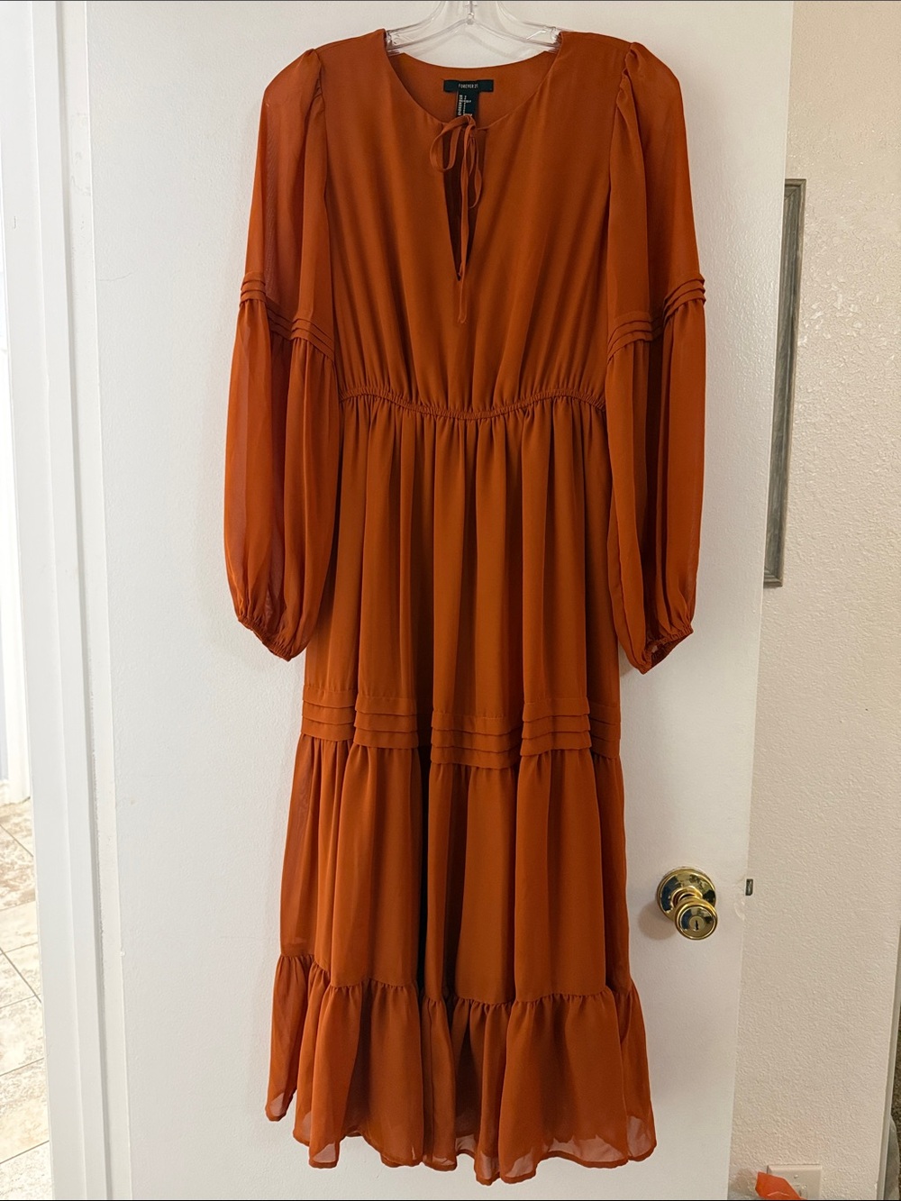 Forever 21 Rust Long Sleeve Tiered Maxi Dress